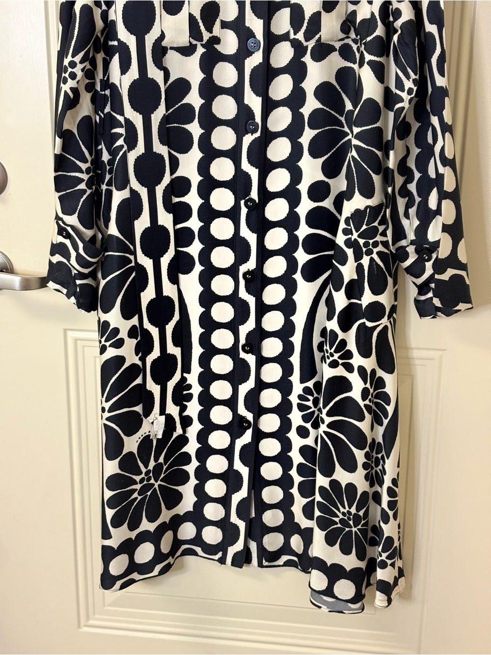 FARM RIO PALERMO Black Ivory Printed Shirt Dress / Belt Tie Waist SZ L EUC $260 - Picture 7 of 16